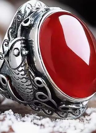 Срібляста каблучка з червоним акріловим каменем, розмір реголюється