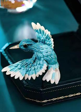 Брошка у вигляді пташки бірюзового кольорів, розмір 4*4 см