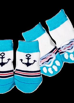 Носки бело-голубые с якорем 4 шт dog socks m: 3х3.5-4 см
