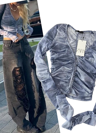 Zara тюлева сорочка з з v-подібним вирізом драпірована блузка  сітка р.м