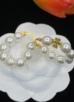 Серьги тори бёрч tory pearl hoop lux качество