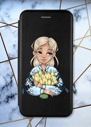 Чехол-книжка черный с рисунком на samsung galaxy a57 девушка с тюльпанами (принт 23)