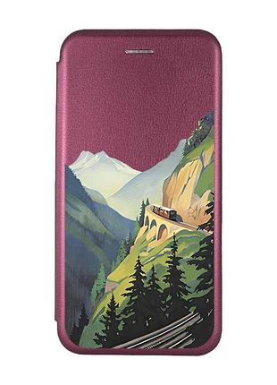 Чехол-книжка бордовый с рисунком на samsung galaxy a57 пейзаж. горы (принт 87)