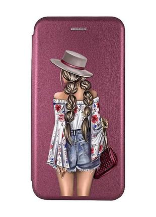 Чехол-книжка бордовый с рисунком на samsung galaxy a57 девушка в шляпке (принт 8)