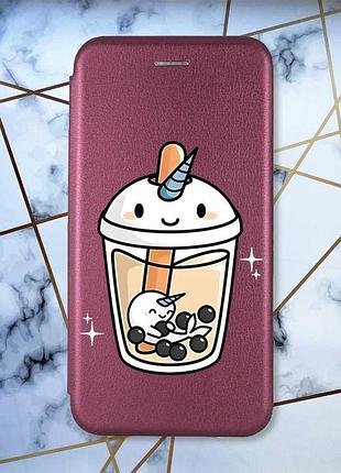 Чехол-книжка бордовый с рисунком на samsung galaxy a57 коктейль единорог (принт 96)