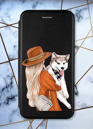 Чехол-книжка черный с рисунком на samsung galaxy a57 девушка с собачкой (принт 115)