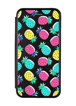 Чехол-книжка черный с рисунком на samsung galaxy a37 разноцветные ананасы (принт 346)