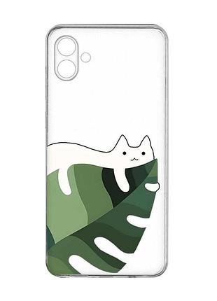 Прозрачный чехол на samsung galaxy a07 (a075) кот на листе (принт 367)