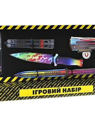 Ігровий набір пістолет big box ultra дерев'яний - гумостріл ножі рукавички брелок сувенір-декор (bb-ult) (250959)