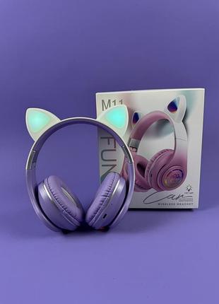 Наушники фиолетовые bluetooth с ушками котика c64092, с подсветкой, микрофоном, картой памяти и aux, 400 mah