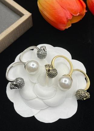Кольцо александр маккуин skull pearl double ring люкс качество