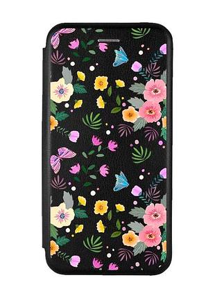 Чехол-книжка черный с рисунком на xiaomi redmi 15 цветочный фон (принт 369)