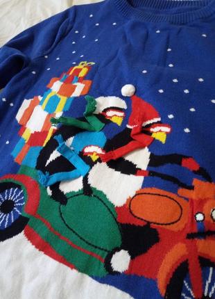 🎄 брендовий новорічний светр m&s з пінгвінами | яскравий колір “електрик” 3