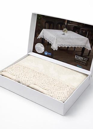Тефлонова скатертина з мереживом kendy cream поліестер 180×220 см кремова