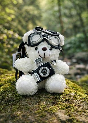 Брелок медвежонок с фотоаппаратом плюшевый на ключи сумку милый аксессуар подвеска белый медведь