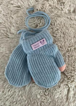 Детские перчатки от 1-3 лет детские варешки на меху голубой