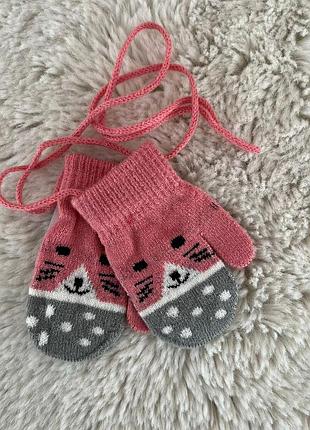 Детские перчатки 0-1 года детские варешки из шерсти серо-розовый