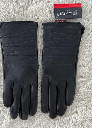 Женские кожаные перчатки цвет черный, перчатки из натуральной кожи hua xu gloves 7.5