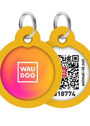 Адресник для собак та котів металевий waudog smart id c qr паспортом, малюнок "градієнт помаранчевий", коло, д 30 мм