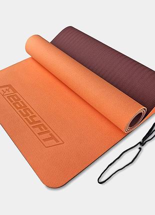 Коврик для йоги и фитнеса easyfit tpe+tc 6 мм двухслойный персиковый-коричневый