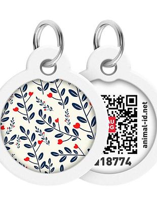 Адреса для собак та котів металевий waudog smart id c qr паспортом, малюнок "рослини", коло, д 30 мм