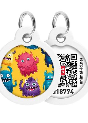 Адресник для собак та котів металевий waudog smart id c qr паспортом, малюнок "мохнаті монстри", коло, д 30 мм