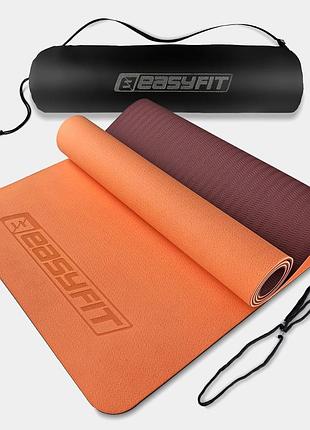 Коврик для йоги и фитнеса easyfit tpe+tc 6 мм двухслойный + чехол персиковый-коричневый
