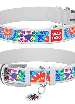 Нашийник для собак шкіряний waudog design з qr паспортом, квіти, ш 12 мм, д 21-29 см, білий