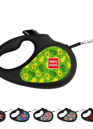 Повідець-рулетка для собак waudog r-leash, малюнок "авокадо", xs, до 12 кг, 3 м, світловідбиваюча стрічка чорний