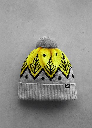 Тепла чоловіча шапка staff gray & yellow pattern pompon