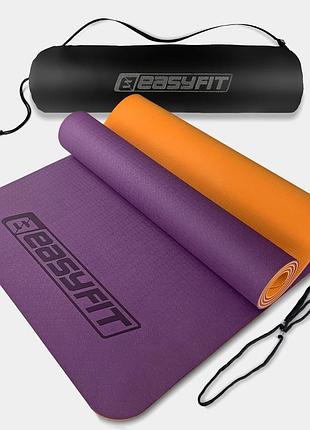 Коврик для йоги и фитнеса easyfit tpe+tc 6 мм дву x слойный + че x ол фиолетовый с оранжевым