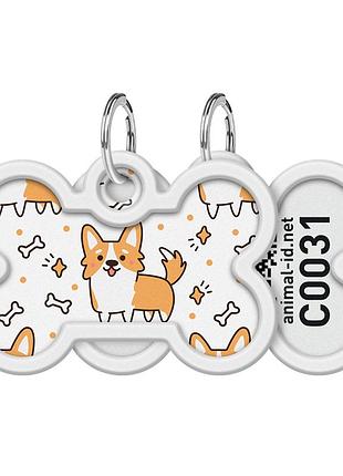 Адресник для собак та котів металевий waudog smart id c qr паспортом, малюнок "корги", кістка, д 40 мм, ш 28 мм