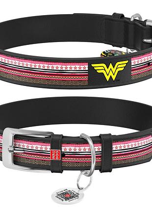 Нашийник для собак шкіряний waudog design з qr паспортом, чудо-жінка, ш 35 мм, д 46-59 см, чорний