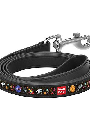 Поводок waudog design с рисунком "nasa", премиум натуральная кожа (ширина 18 мм, длина 122 см) черный