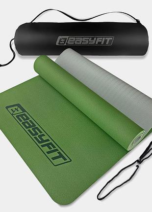 Килимок для йоги та фітнесу easyfit tpe+tc 6 мм двошаровий + чо x ол зелений із сірим