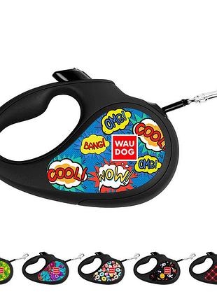Поводок-рулетка для собак waudog r-leash, рисунок "вау", xs, до 12 кг, 3 м, светоотражающая лента черный