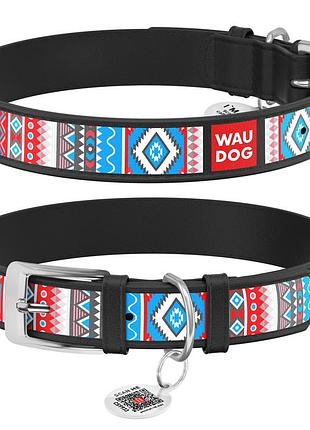 Нашийник для собак шкіряний waudog design з qr паспортом, етно, m, ш 20 мм, д 29-38 см, чорний