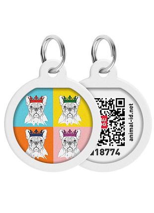 Адресник для собак і котів металевий waudog smart id з qr паспортом, малюнок "французький бульдог", коло, д 25 мм