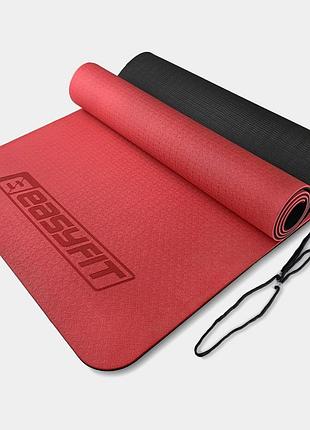 Коврик для йоги и фитнеса easyfit tpe+tc 6 мм двухслойный красный-черный