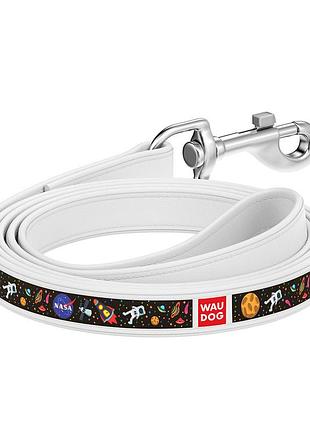Поводок waudog design с рисунком "nasa", премиум натуральная кожа (ширина 25 мм, длина 122 см) белый