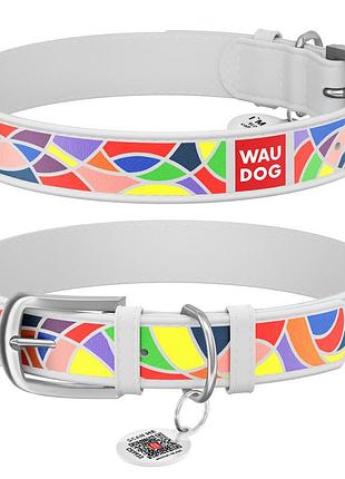 Нашийник для собак шкіряний waudog design з qr паспортом, вітраж, ш 12 мм, д 19-25 см, білий