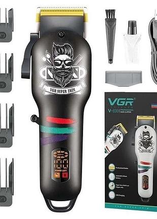 Машинка для стрижки волосся та бороди професійна vgr v-699 b з насадками та led дисплеєм. колір: чорний