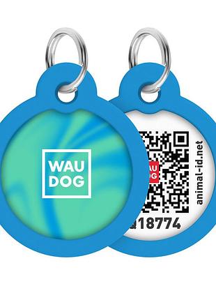 Адресник для собак та котів металевий waudog smart id c qr паспортом, малюнок "градієнт блакитний", коло, д 30 мм