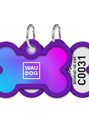 Адресник для собак та котів металевий waudog smart id c qr паспортом, малюнок "градієнт фіолетовий", кістка, д 40 мм, ш 28 мм