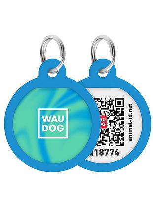 Адресник для собак та котів металевий waudog smart id c qr паспортом, малюнок "градієнт блакитний", коло, д 25 мм