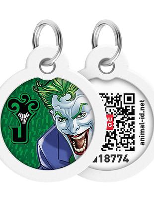 Адресник для собак та котів металевий waudog smart id c qr паспортом, малюнок "джокер зелений", коло, д 30 мм