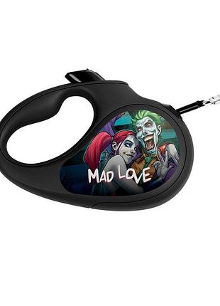 Поводок-рулетка для собак waudog r-leash, рисунок "сумасшедшая любовь", l, до 50 кг, 5 м, светоотражающая лента черный
