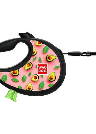 Повідець-рулетка для собак waudog r-leash з контейнером для пакетів, малюнок "авокадо на рожевому", світловідбивна стрічка, l, до