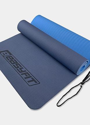 Коврик для йоги и фитнеса easyfit tpe+tc 6 мм дву x слойный синий-голубой