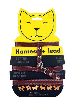 Шлея collar кошачья с поводком натуральная кожаная на планшете (ш 12мм, а:22-30см, в:30-40см, длина 122см), коричневый